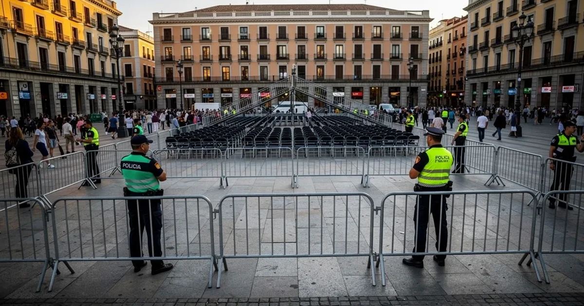 Escena urbana en Madrid con medidas de seguridad preparadas para la visita papal.