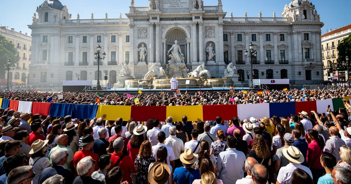 Multitudinaria reunión frente a la fuente Cibeles durante la visita del Papa León XIV.
