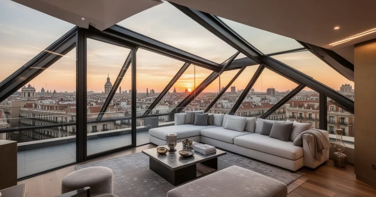 Ático moderno en Chamberí con vistas urbanas al atardecer
