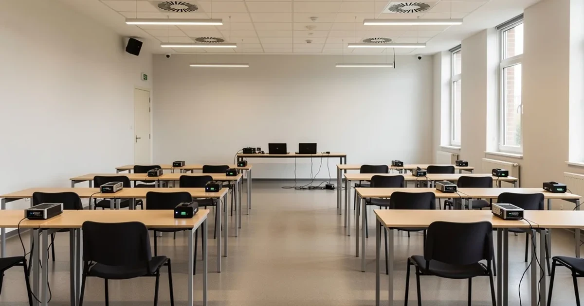 Aula moderna preparada para exámenes con dispositivos tecnológicos avanzados