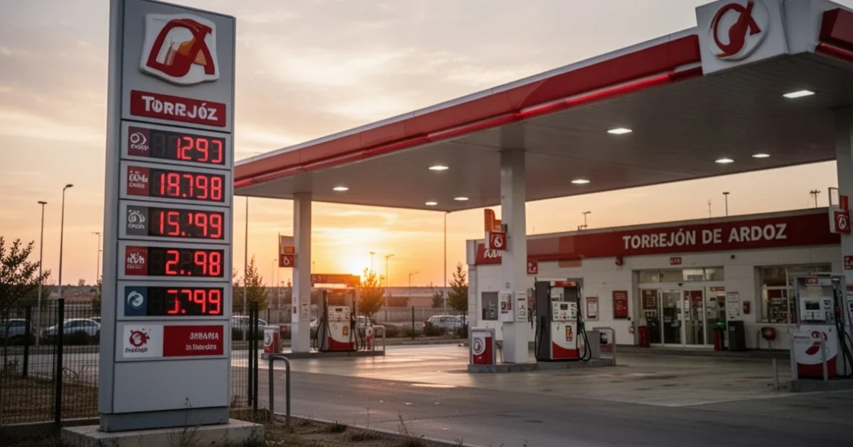 Estación de servicio en Torrejón De Ardoz mostrando precios bajos de combustible