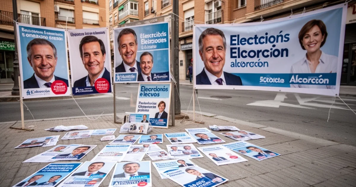 Escena política con materiales y pancartas electorales en Alcorcón
