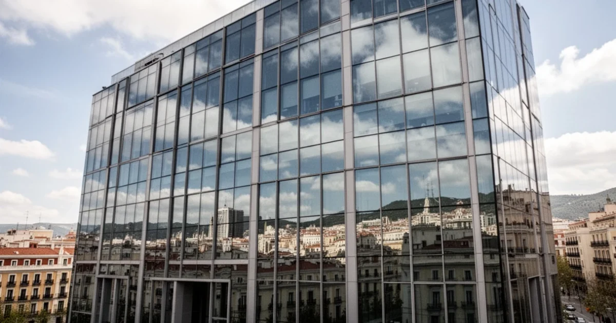Edificio moderno reflejando el cielo en Madrid relacionado con negocios