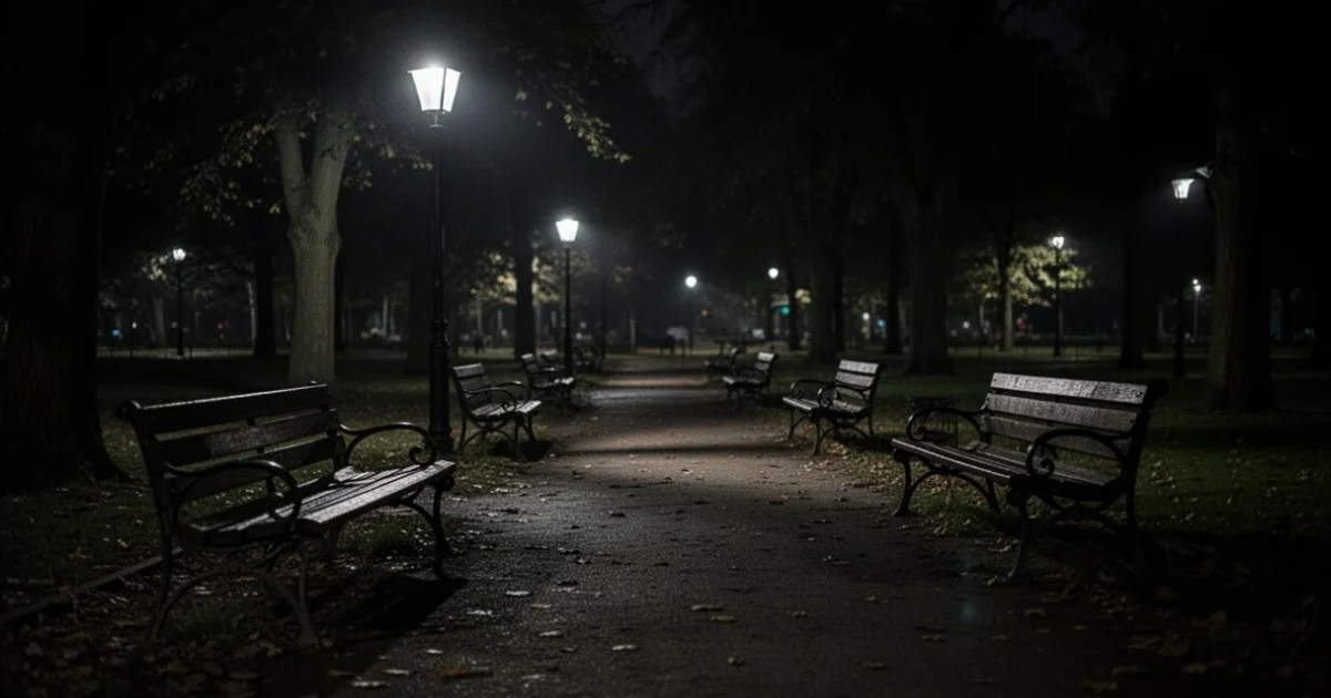 Parque vacío iluminado tenuemente por farolas durante la noche