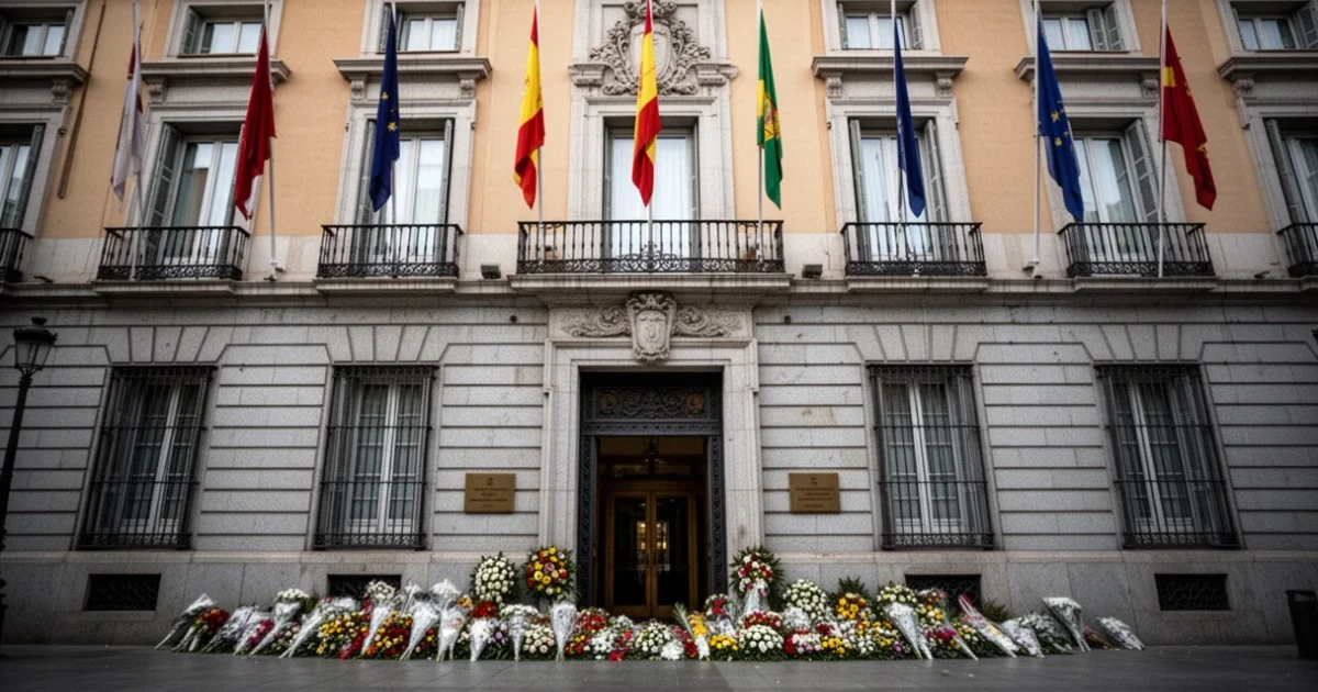 Edificio del Ayuntamiento de Madrid con flores afuera tras el fallecimiento de Federico López