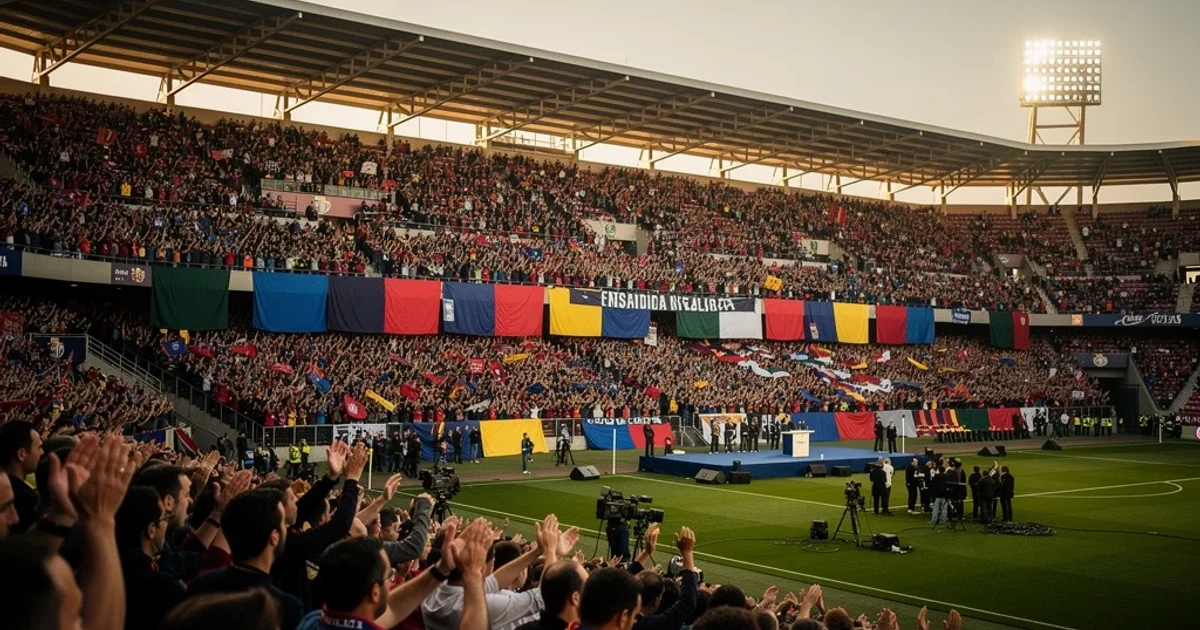 Estadio moderno lleno de aficionados durante un evento electoral relacionado con un club deportivo.