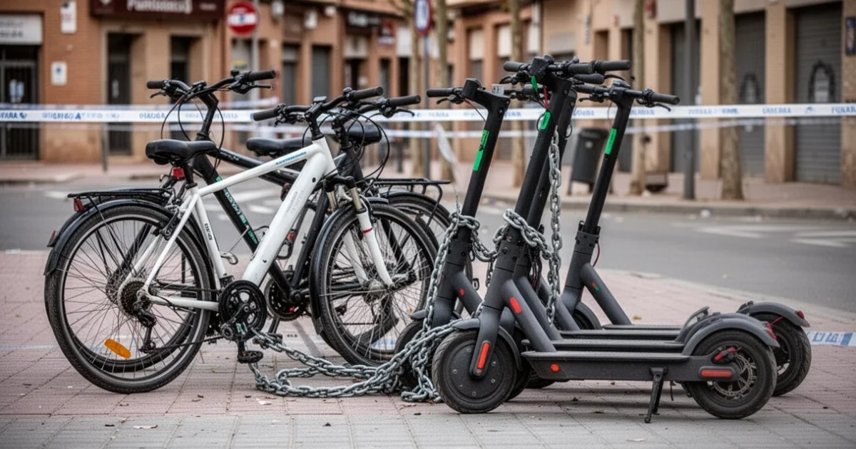 Escena urbana con bicicletas y patinetes asegurados con cadenas