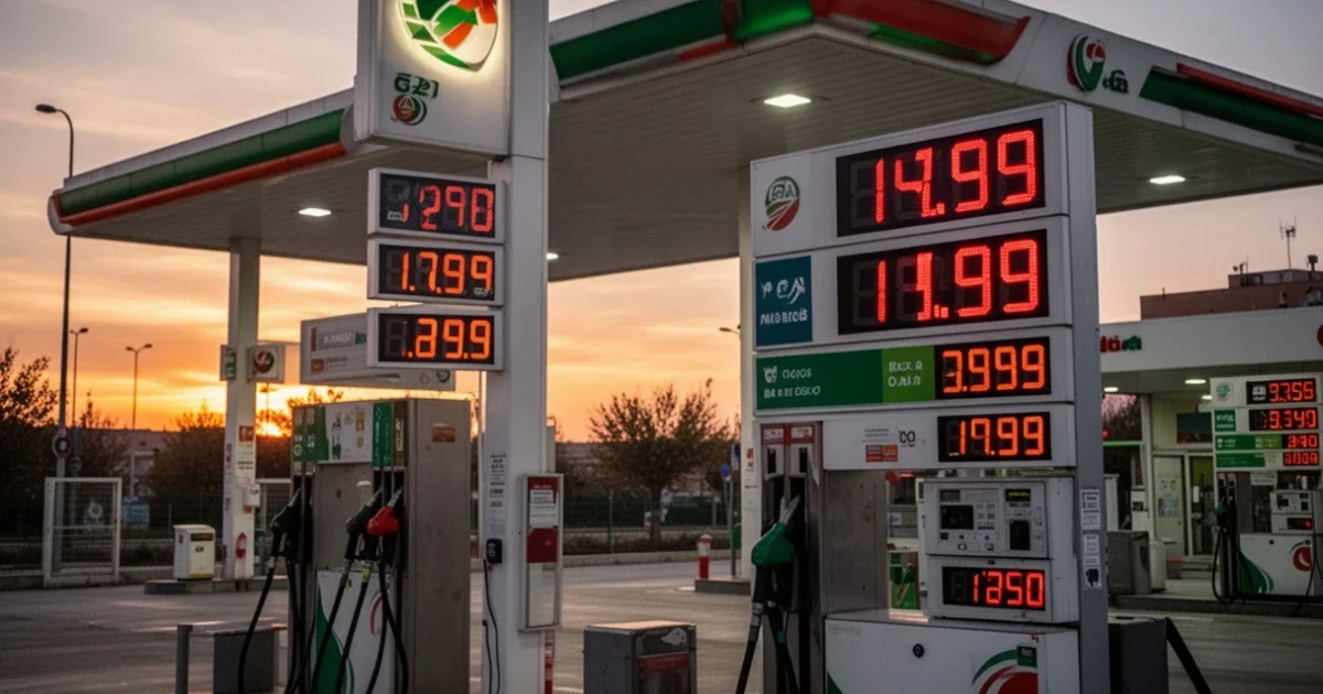 Estación de servicio con precios visibles al atardecer