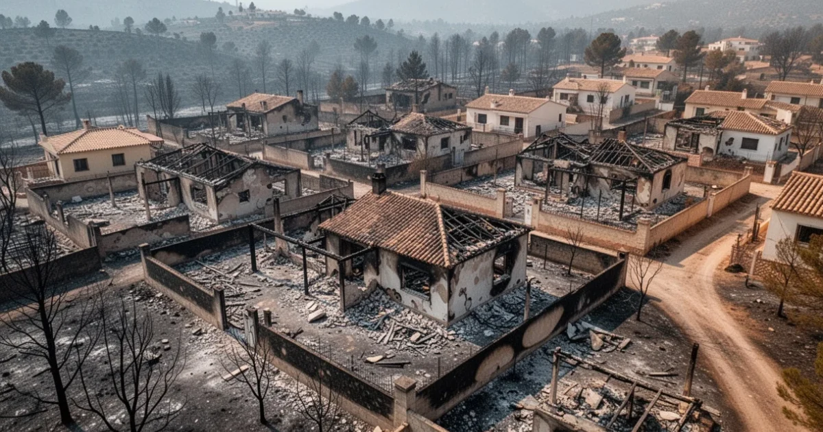 Vista aérea de casas quemadas tras un incendio forestal en una urbanización