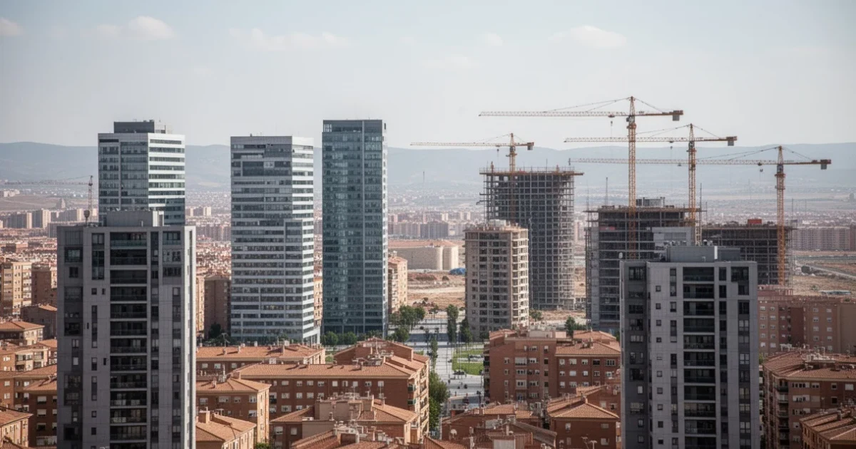 Vista urbana moderna de Leganés con edificios y sitios de construcción