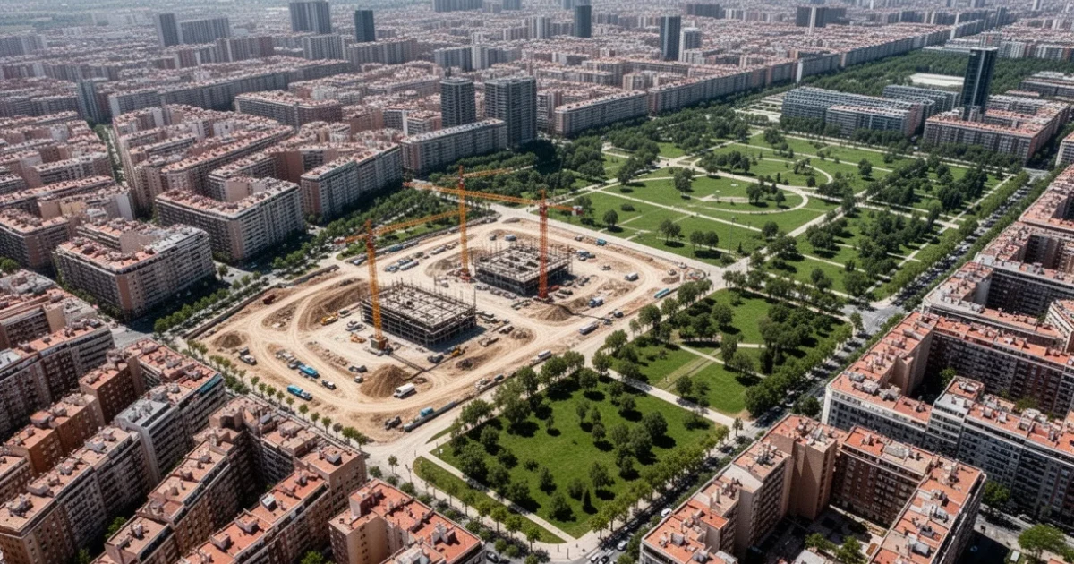 Vista aérea del desarrollo urbano en Madrid con obras y espacios verdes