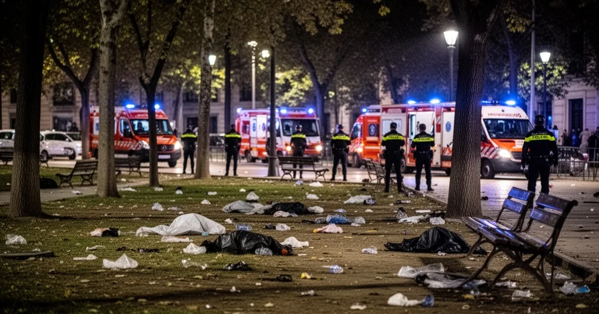 Escena nocturna tras un ataque violento en un parque urbano