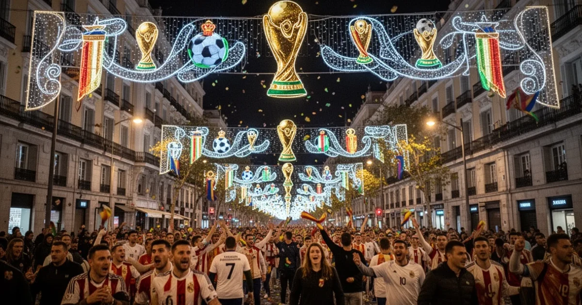Celebración nocturna en Madrid tras ganar el Mundial con luces y decoraciones