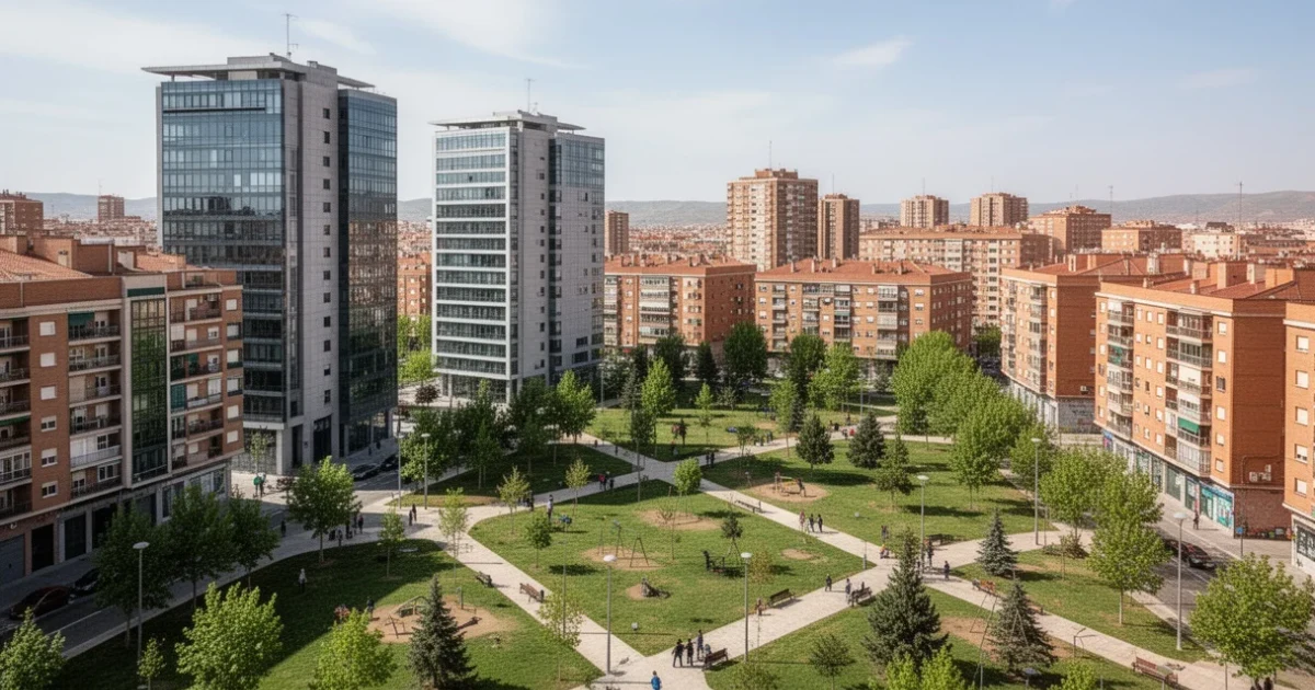 Vista urbana moderna de Fuenlabrada mostrando edificios y espacios verdes