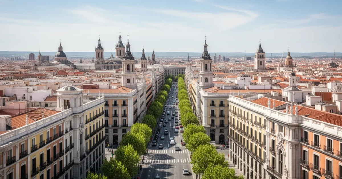 Vista panorámica diurna de las calles icónicas y arquitectura vibrante de Madrid