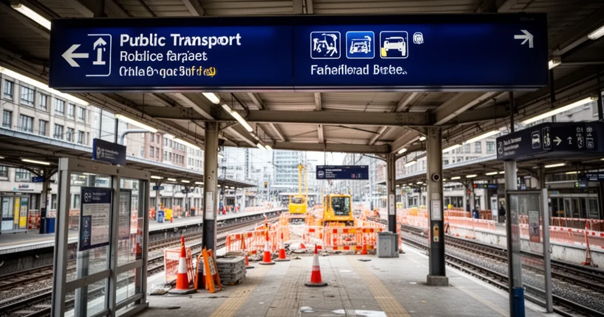 Estación ferroviaria urbana con señales de transporte público y trabajos en construcción