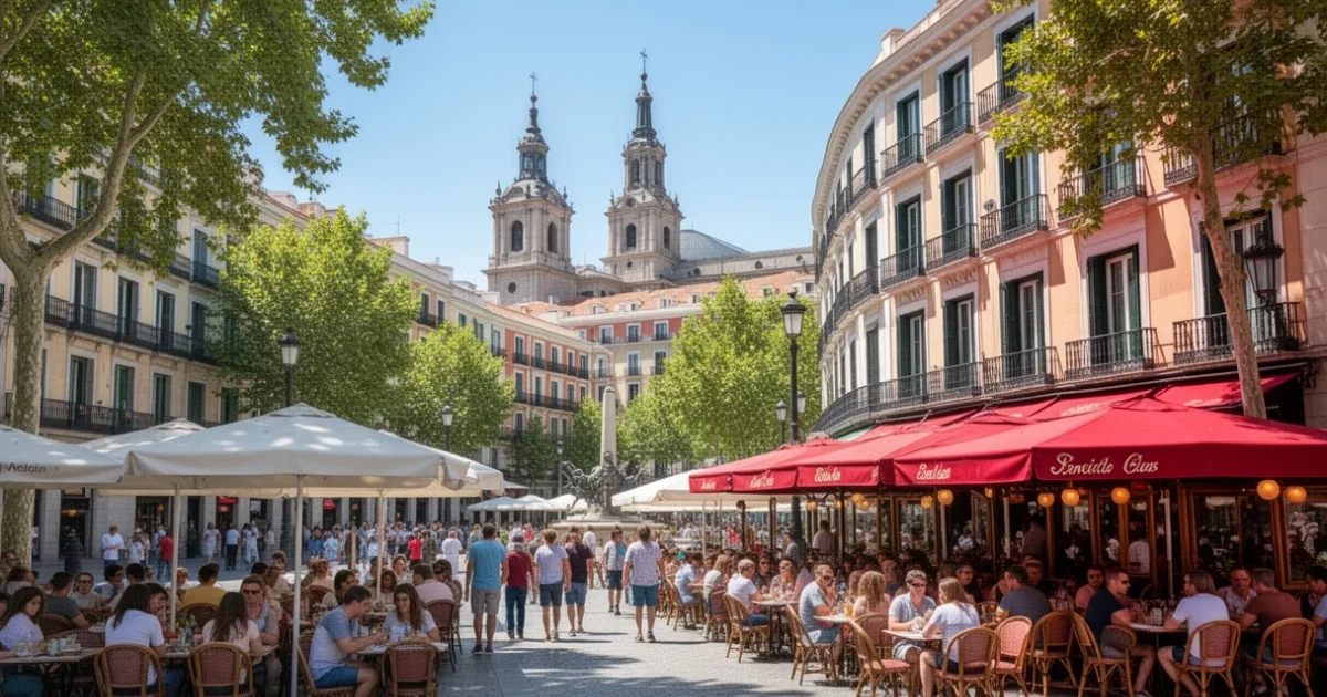 Escena veraniega en Madrid con turistas disfrutando locales gastronómicos