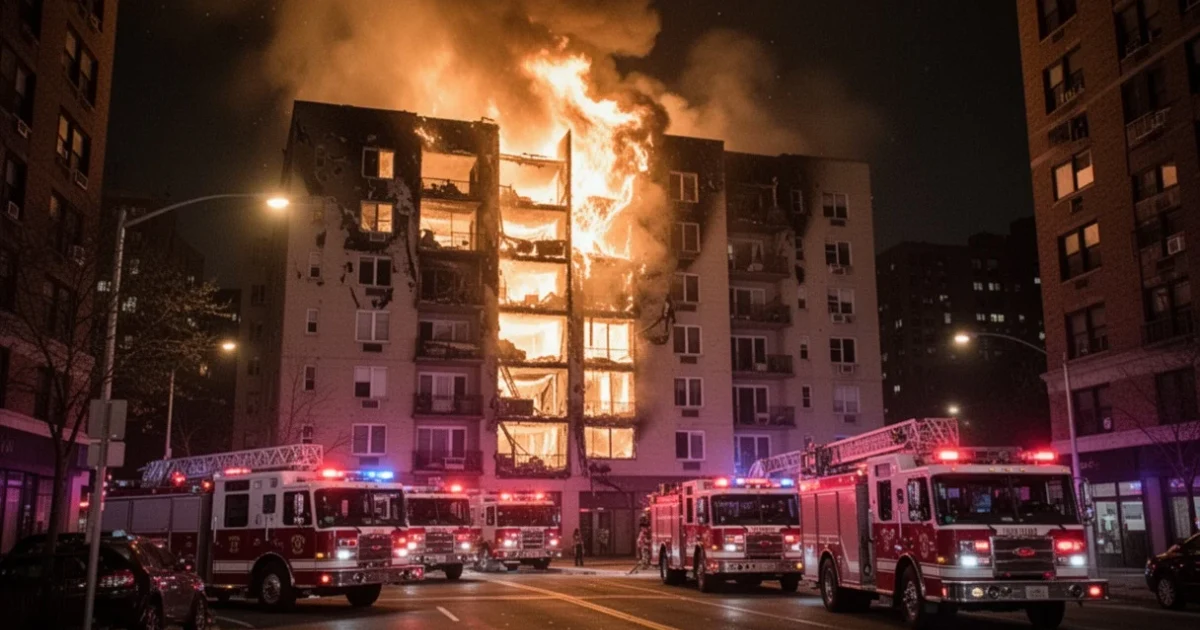 Incendio en un edificio residencial con vehículos de emergencia