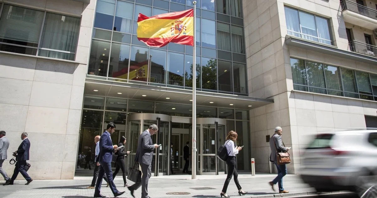 Edificio moderno relacionado con política en Madrid durante un día soleado.