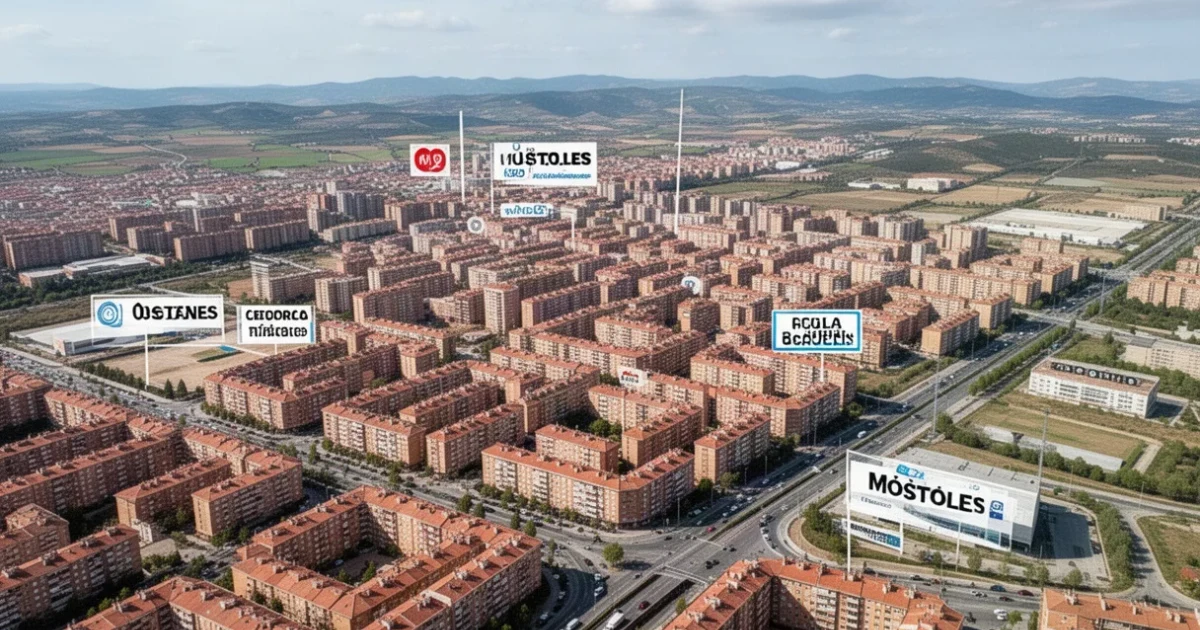 Vista aérea urbana de Móstoles mostrando actividad económica