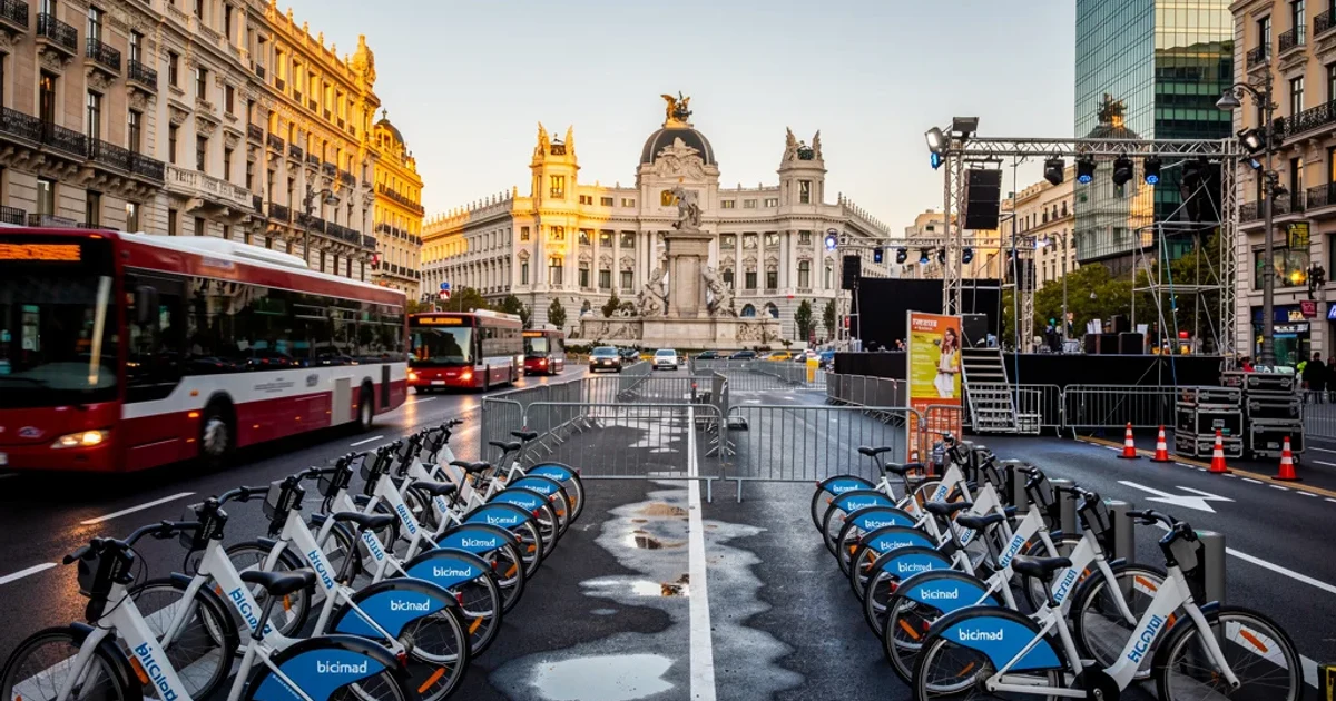 Escena urbana en Madrid con autobuses y bicicletas Bicimad preparándose para un gran evento.