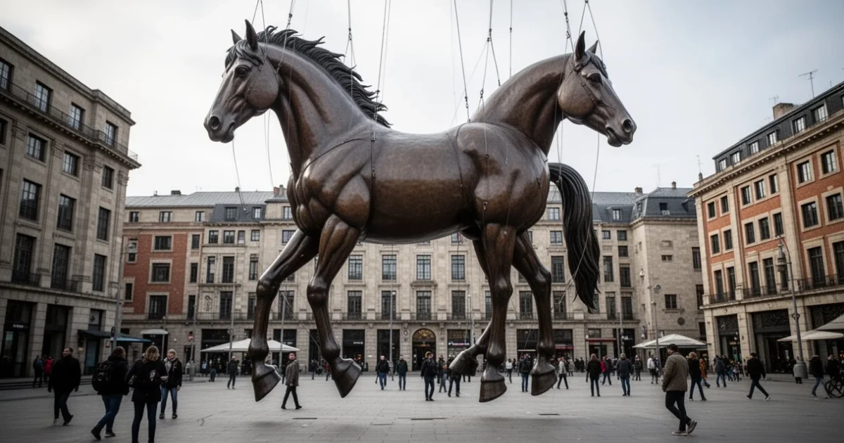 Escultura colgante de un caballo en la Plaza del Carmen
