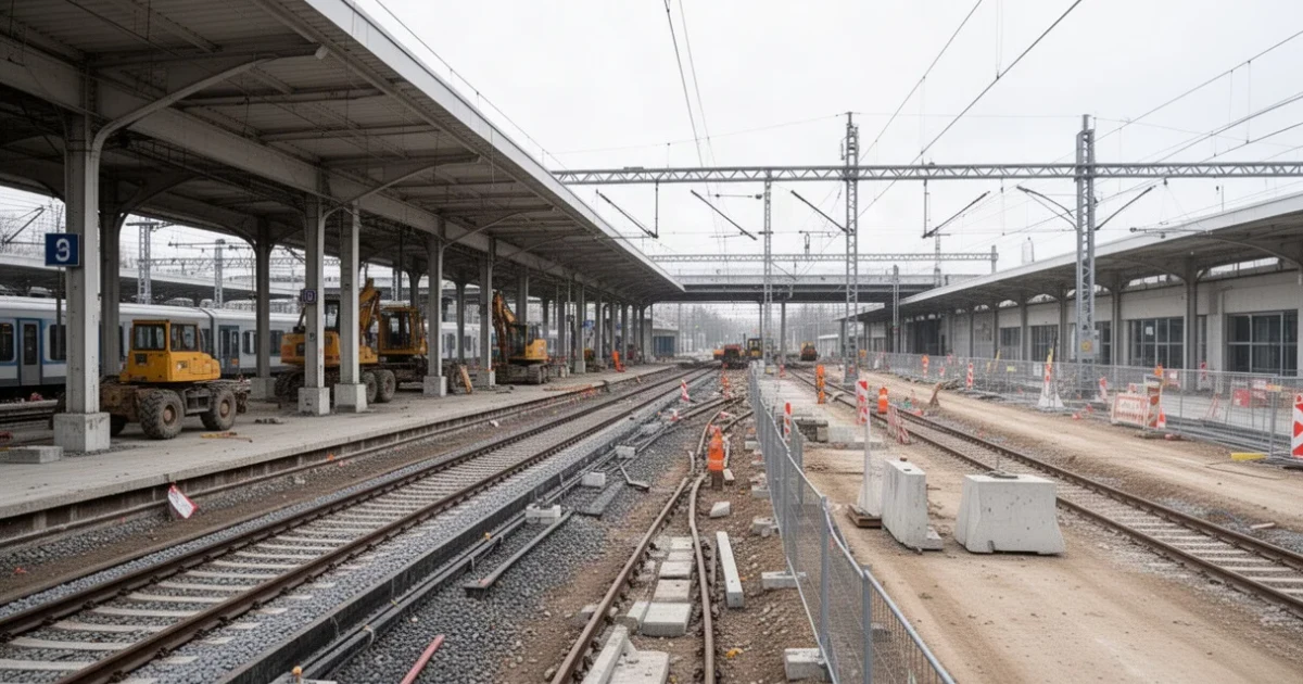Estación ferroviaria en renovación con maquinaria y nuevas estructuras