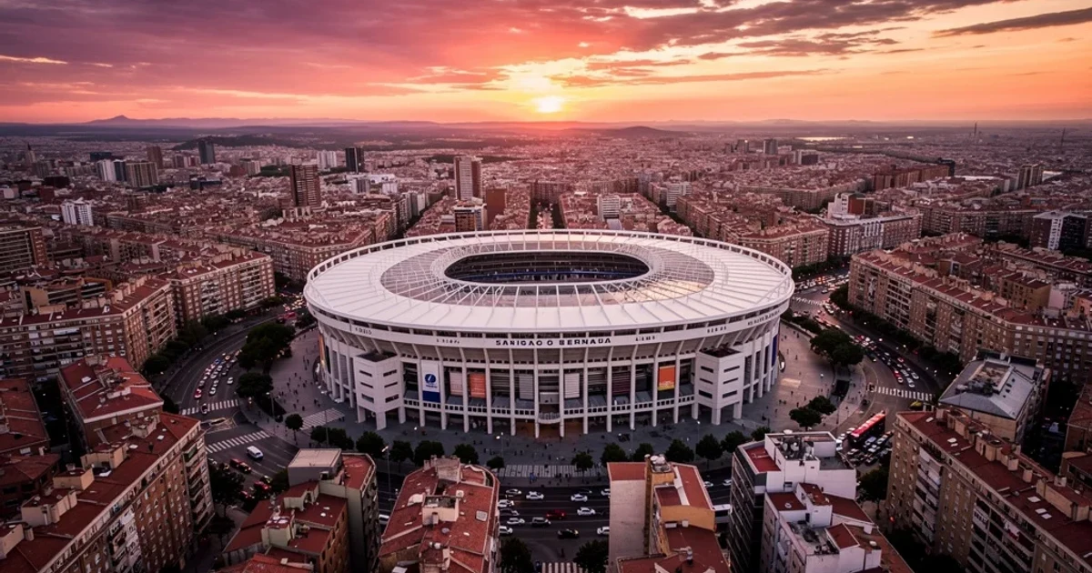 Vista aérea del Estadio Santiago Bernabéu durante el atardecer