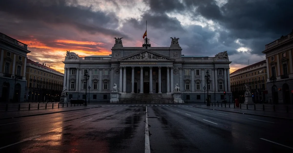 Edificio del Parlamento español en Madrid bajo un cielo amenazante