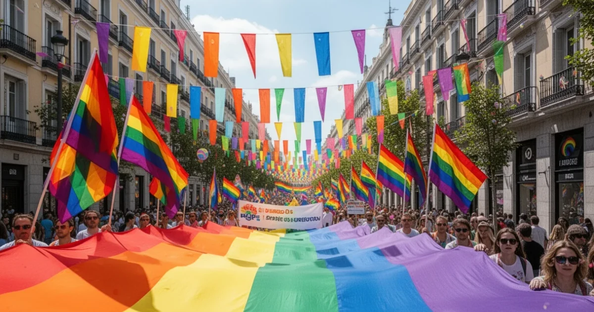 Desfile colorido del Orgullo en Madrid lleno de banderas y decoraciones
