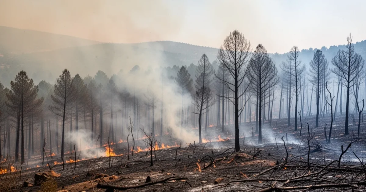 Vista del área afectada por el incendio forestal en Lozoyuela