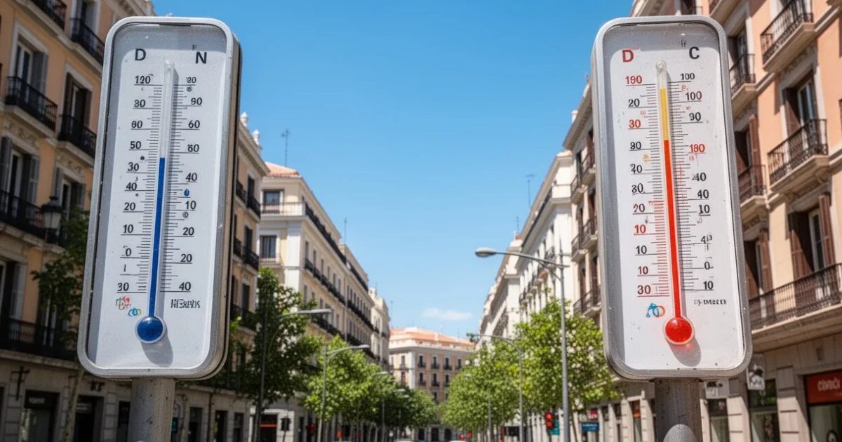 Termómetros marcando altas temperaturas en Madrid bajo un cielo despejado