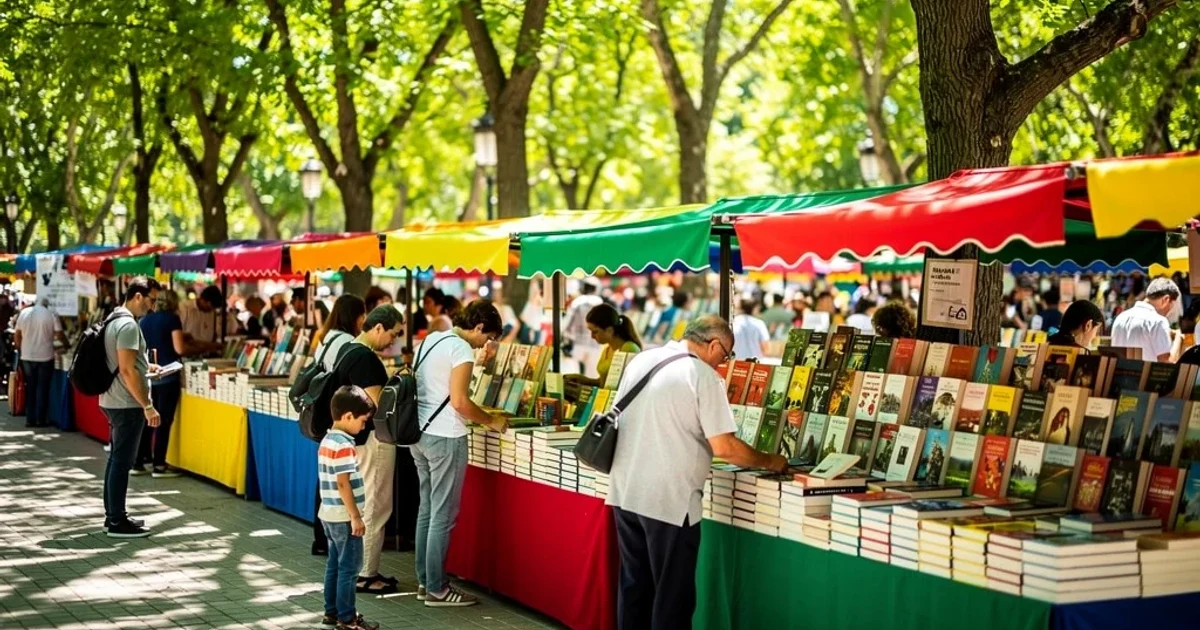 Vista general colorida de la Feria del Libro en Madrid con visitantes explorando libros.