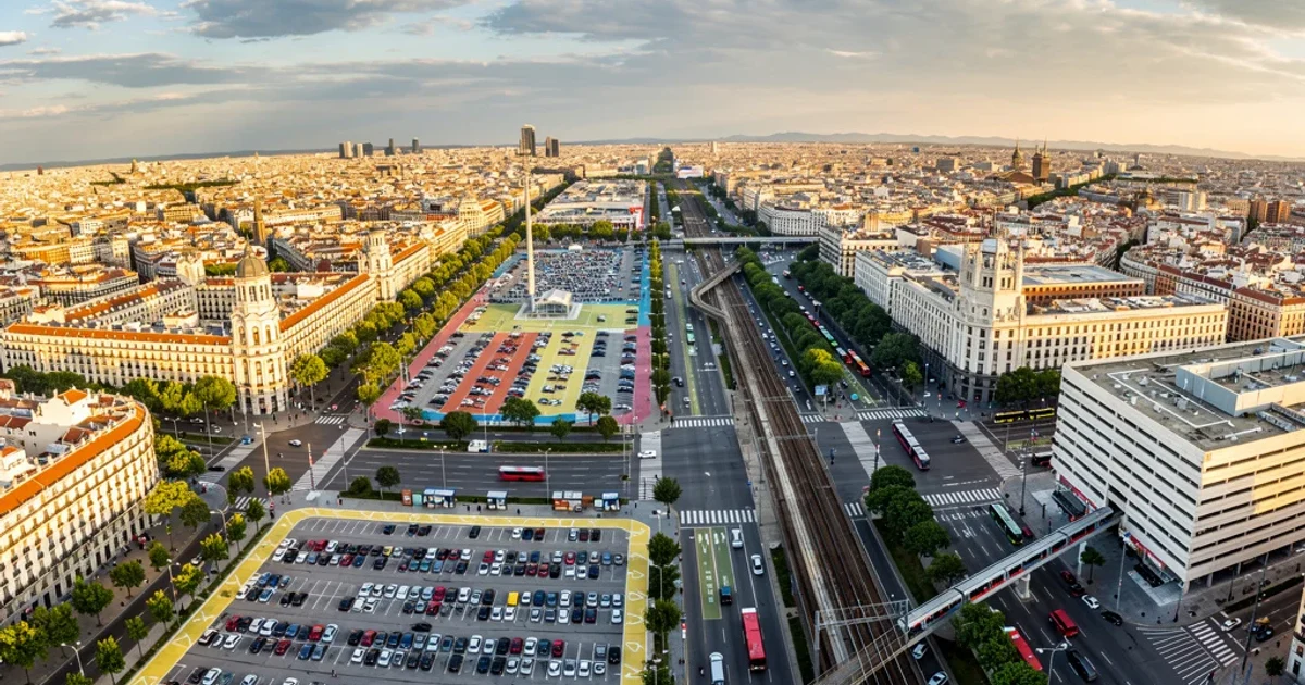 Vista panorámica de Madrid mostrando áreas estratégicas para estacionamiento durante un evento importante.
