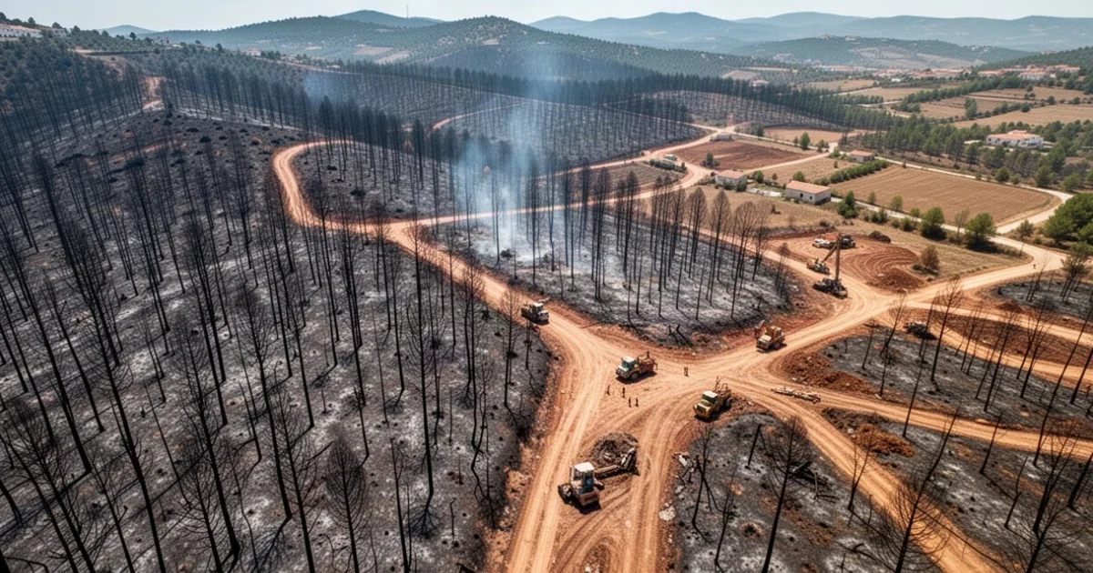 Vista aérea de bosques quemados en Sierra Oeste tras incendios