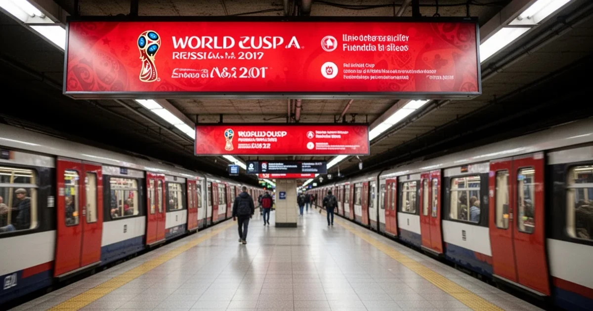 Estación del metro con señalización especial para el Mundial y trenes temáticos.