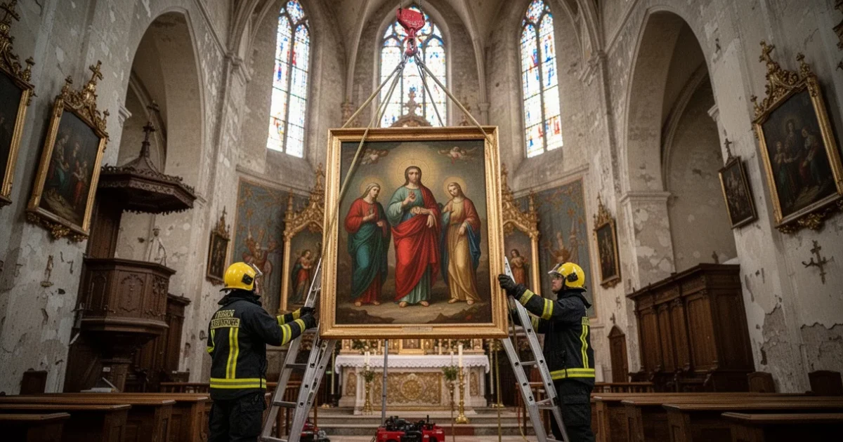 Bombero preparando el descenso del cuadro religioso en una iglesia antigua