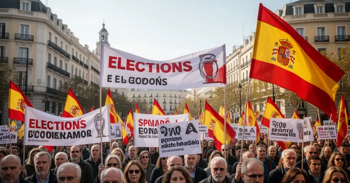 Rally político en Madrid con pancartas relacionadas con elecciones