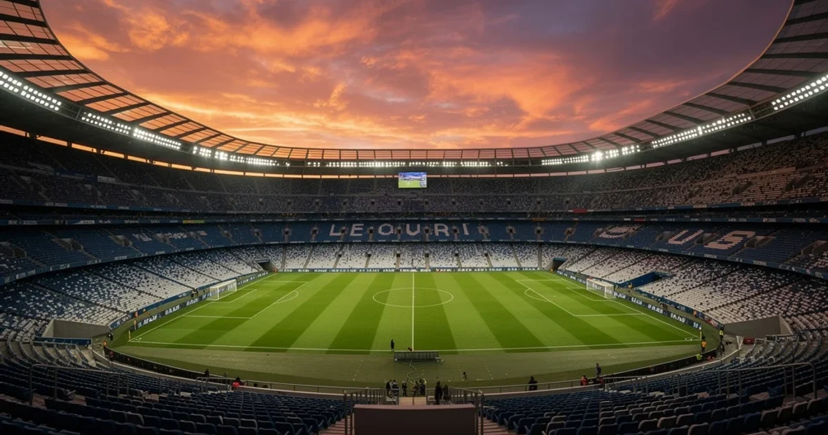 Vista panorámica del Estadio Santiago Bernabéu al atardecer