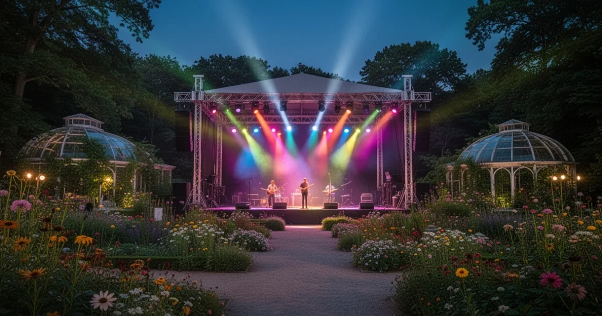 Escenario iluminado preparado para eventos culturales en un jardín botánico
