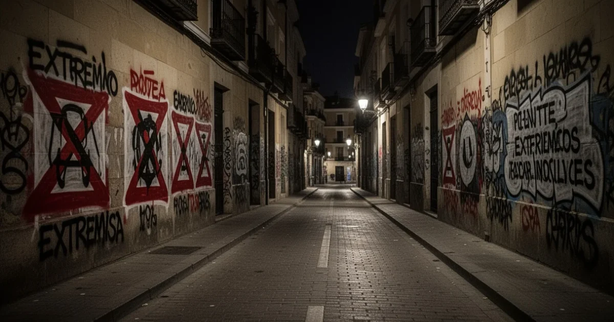 Grafiti representativo del extremismo en una calle vacía de Madrid