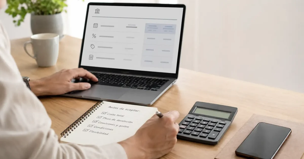 Persona revisando un préstamo online en portátil con calculadora y checklist para comparar cuota, TAE y coste total