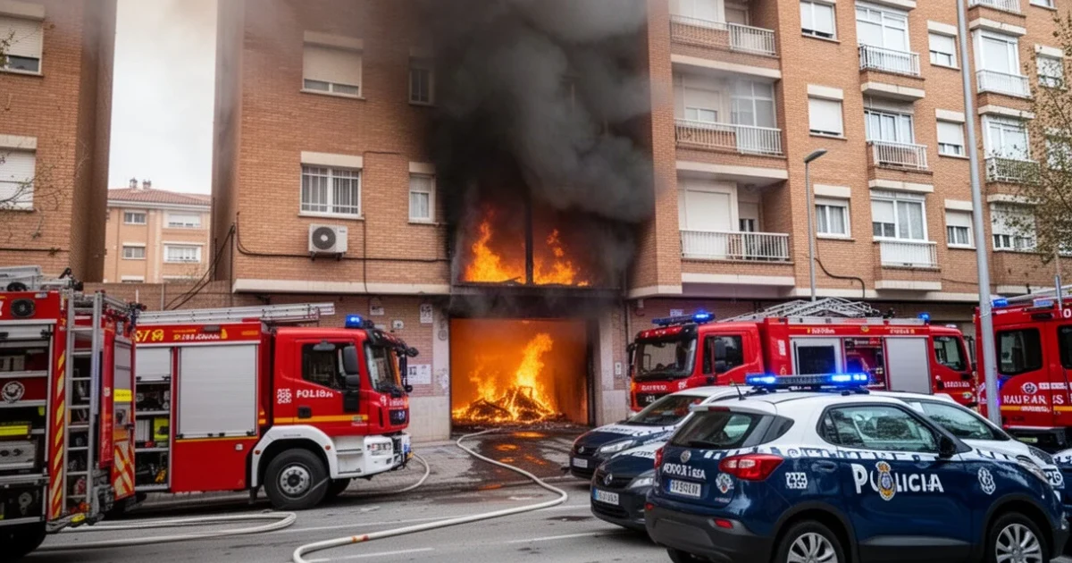 Incendio en el garaje de una urbanización con vehículos de emergencia