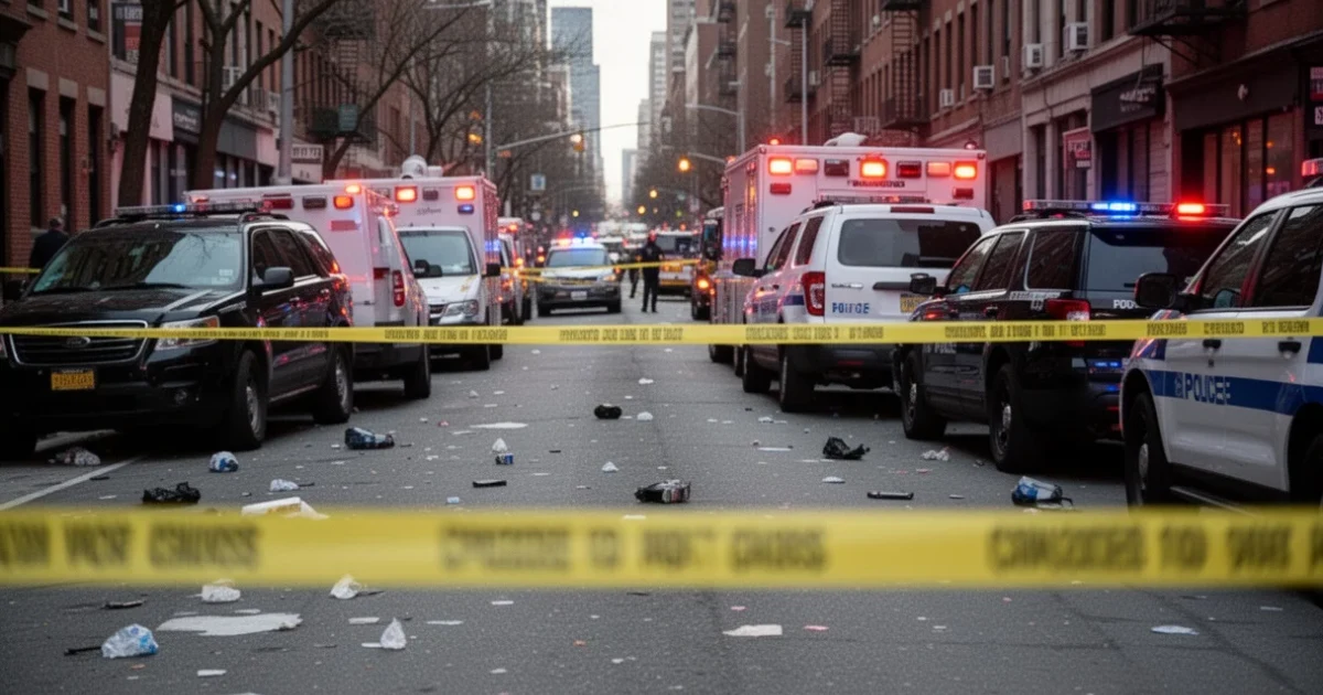 Escena del crimen con cinta policial y vehículos de emergencia