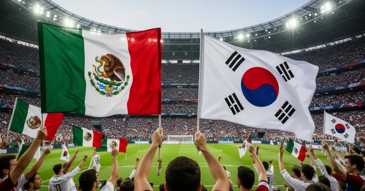 Aficionados celebrando con banderas mexicanas y surcoreanas durante el Mundial
