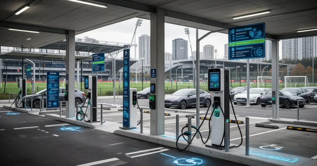 Instalaciones modernas del aparcamiento subterráneo en la Ciudad del Deporte