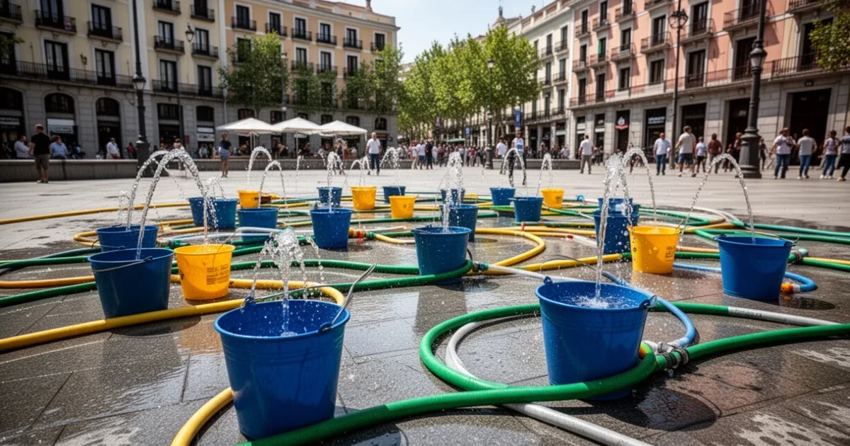 Instalación temporal con mangueras y cubos en un espacio público durante ola de calor en Madrid