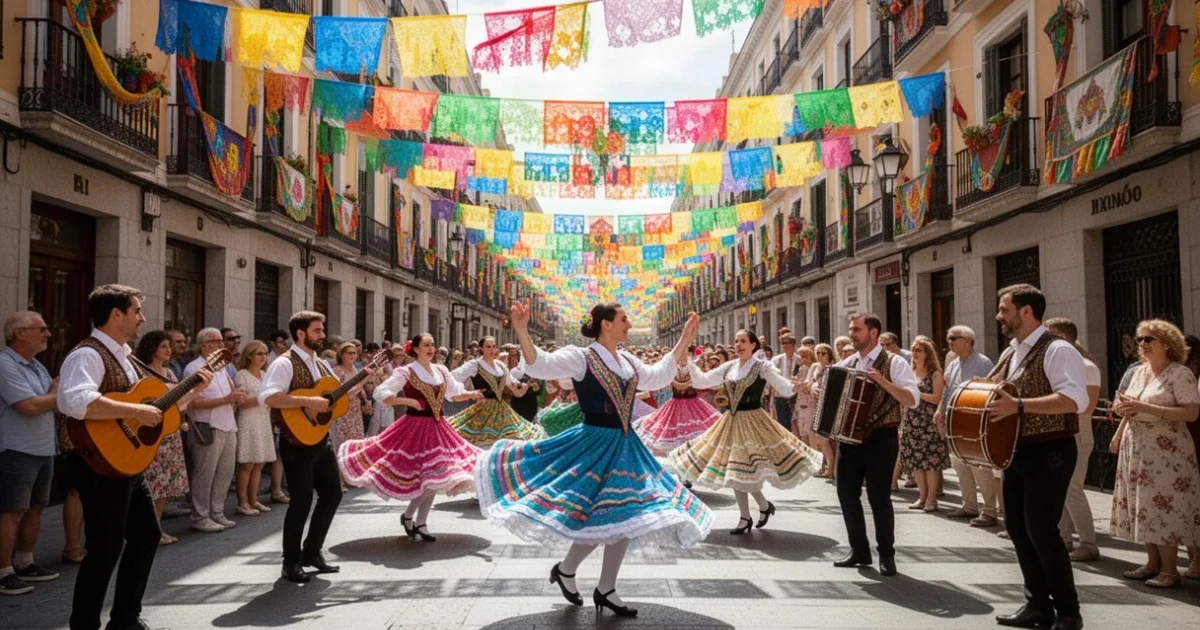 Escena festiva en una calle madrileña durante las verbenas
