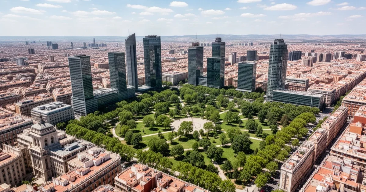 Vista aérea moderna de Madrid durante el verano