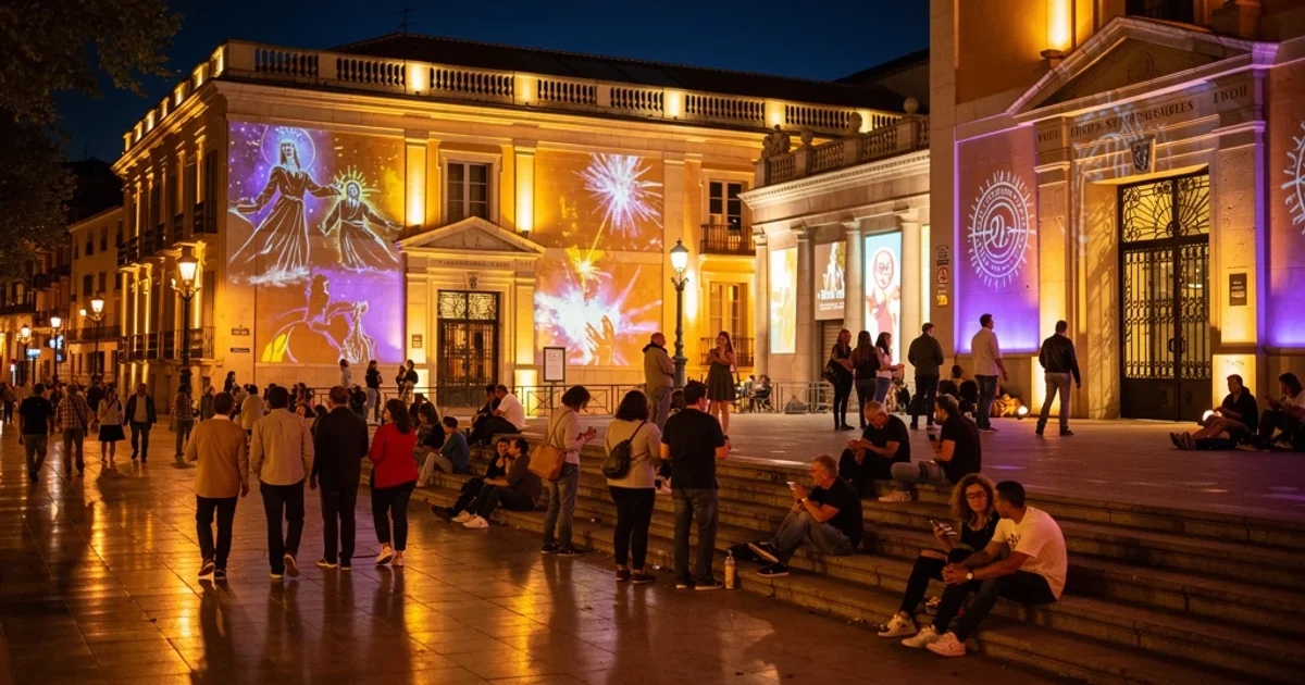 Escena nocturna en Madrid durante la Noche en Blanco con museos iluminados.
